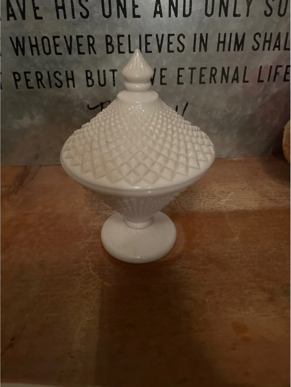 Vintage White Milk Glass Covered Candy Dish with Textured Lid